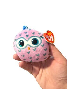 New Ty Beanie Babies “Winks” the Owl Squish-A-Boo Keychain Plush – Pink Teal Hea